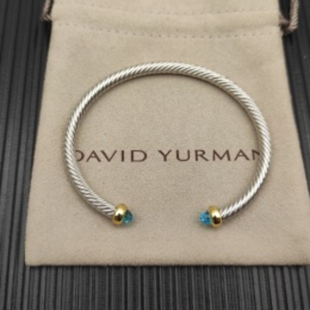 ✨David Yurman✨4mm Silver Cable Blue Topaz Gold‑Tip Cuff Bracelet